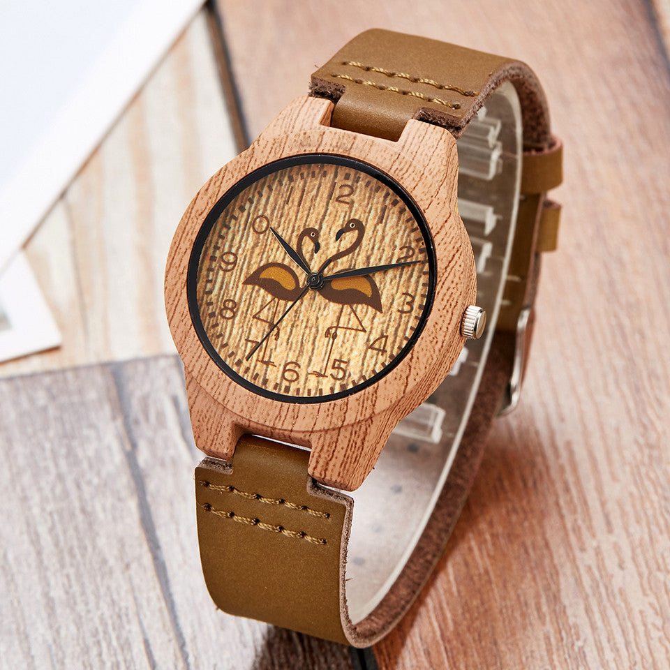 Fashion Imitation Wooden Watch Women Soft Leather Strap Fashion Clock Unique Flamingo Design Analog Quartz Wristwatches relogio