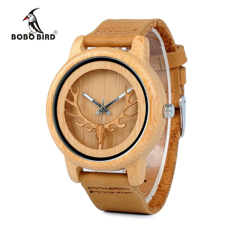 BOBO BIRD L-A27 Hollow Deer Head Bamboo Wood Casual Watches for Men Women Ladies Leather Strap Quartz Watch free shipping