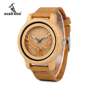 BOBO BIRD L-A27 Hollow Deer Head Bamboo Wood Casual Watches for Men Women Ladies Leather Strap Quartz Watch free shipping