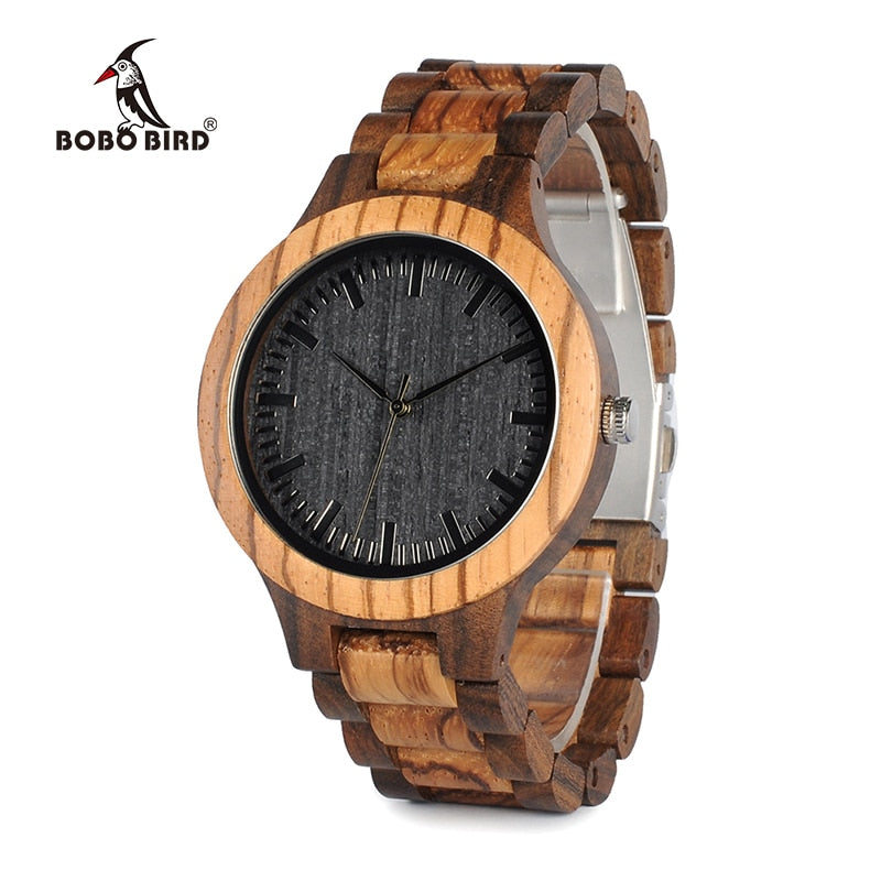 BOBO BIRD D30 Round Vintage Zebra Wood Case Men Watch With Ebony Bamboo Wood Face With Zebra Bamboo Wood Strap Japanese movement