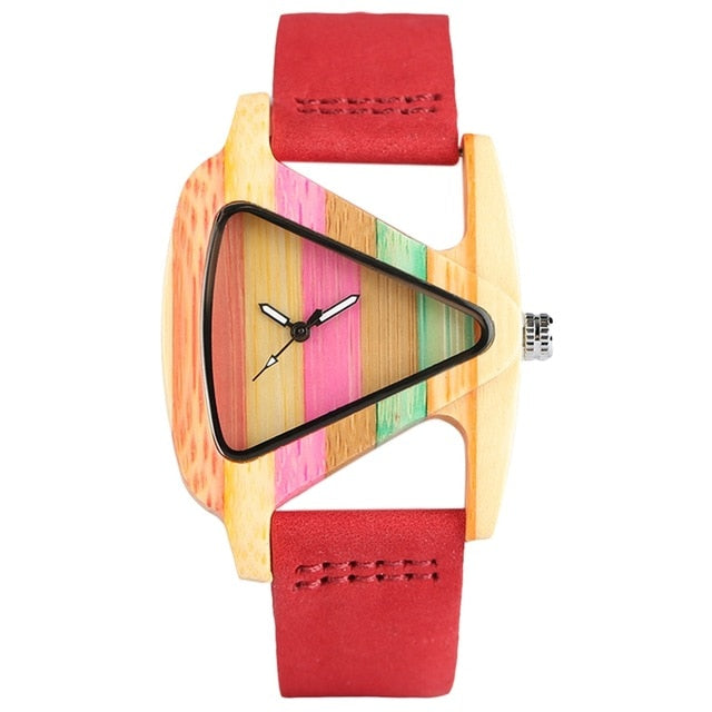 Creative Women Wood Watches Unique Colorful Wooden Triangle Hollow Quartz Wristwatch Ladies Elegant Fashion Genuine Leather Hour