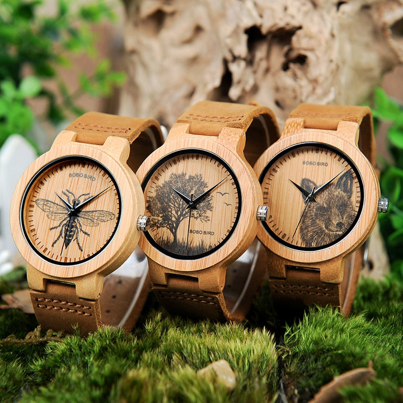 BOBO BIRD LP20 Men Wrist Watch Fashion Bamboo Quartz Watch Montre Homme Skeleton Dragonfly Animals Watch Men