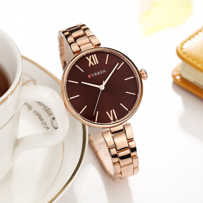 CURREN 9017 New Women Watches Luxury Brand Watch Rose Gold Women Quartz Clock Creative Wood Pattern Dial Fashion Wristwatch