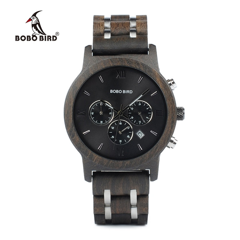 BOBO BIRD P19 Wooden Mens Quartz Watches Date Display Business Watch Ebony & Zebrawood Options Valentines Gift