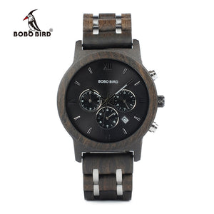 BOBO BIRD P19 Wooden Mens Quartz Watches Date Display Business Watch Ebony & Zebrawood Options Valentines Gift