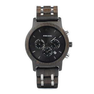 BOBO BIRD P19 Wooden Mens Quartz Watches Date Display Business Watch Ebony & Zebrawood Options Valentines Gift