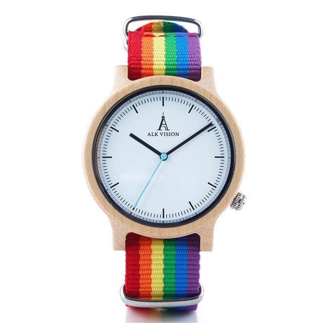 ALK Vision Pride Rainbow Top Wood Watches Luxury Brand Women Mens Wooden Watch with Canvas LGBT Strap Fashion Casual Wristwatch