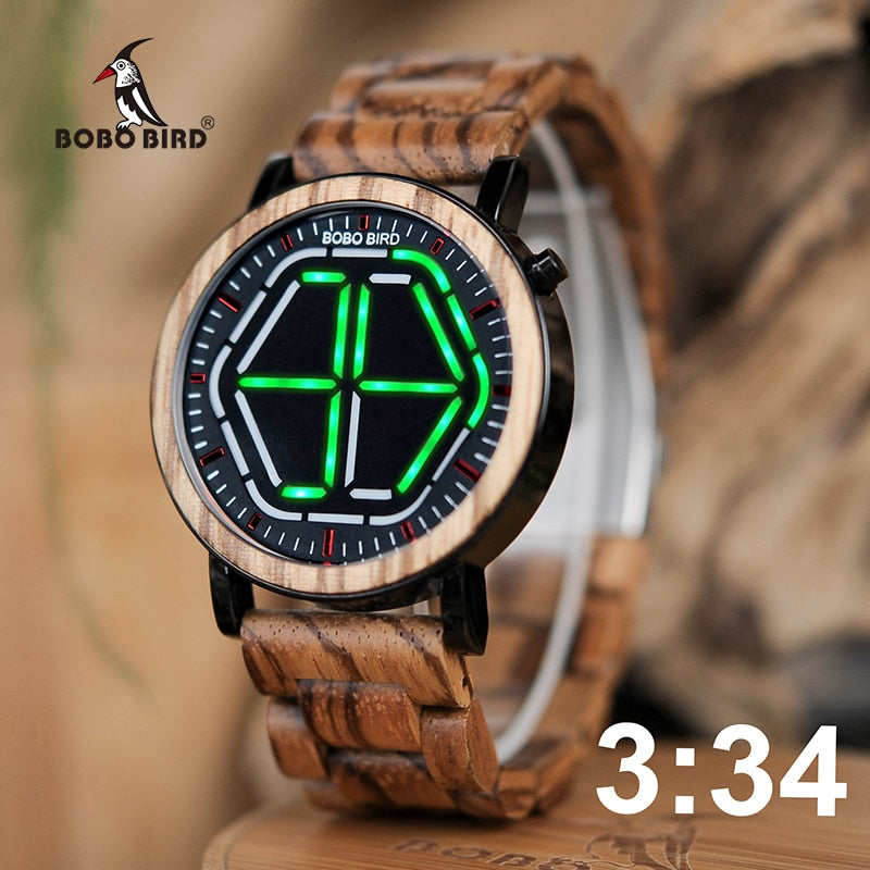 BOBO BIRD Wood Digital Watch Men erkek kol saati Night Vision Wooden Watches LED Time Display relogio masculino in Wood Gift Box