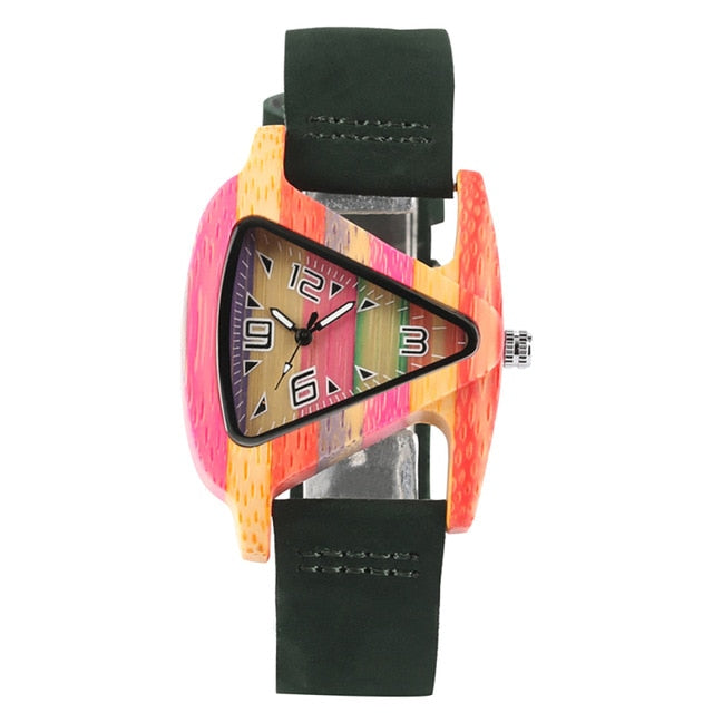 Creative Women Wood Watches Unique Colorful Wooden Triangle Hollow Quartz Wristwatch Ladies Elegant Fashion Genuine Leather Hour