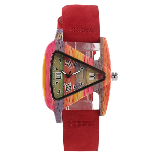 Creative Women Wood Watches Unique Colorful Wooden Triangle Hollow Quartz Wristwatch Ladies Elegant Fashion Genuine Leather Hour