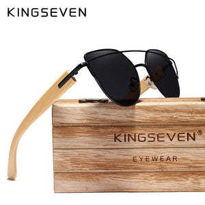 Original KINGSEVEN Brand Bamboo Cat Eye Sunglasses Polarized Metal Frame Wood Glasses Women Luxury Sun Glasses With Wood Case