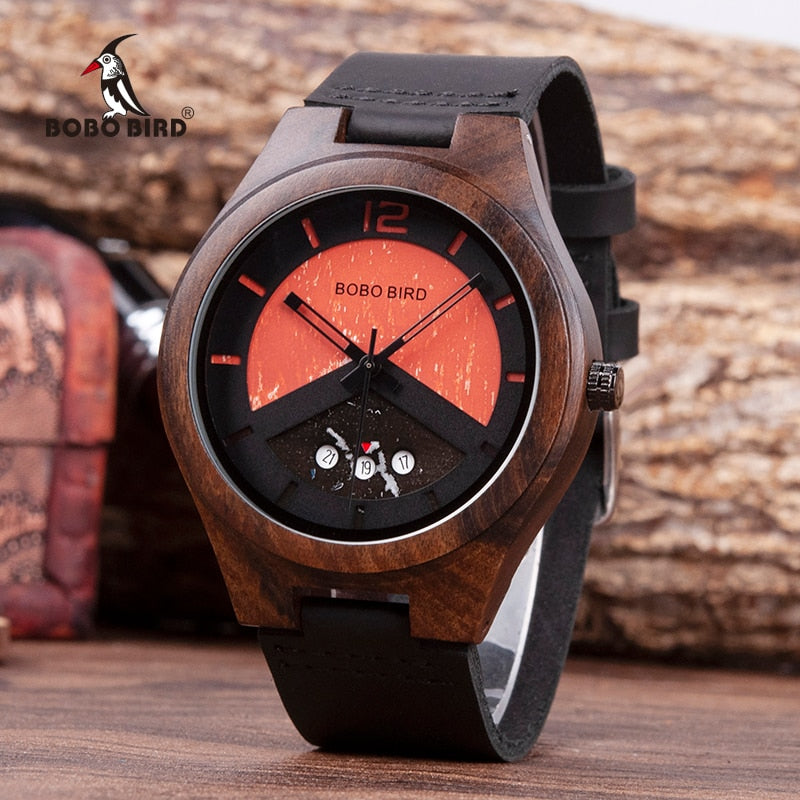 BOBO BIRD Ebony Wood Watch Mens Wooden Date Wrist Watches Timepieces in Wood Box relogio masculino Accept Logo Drop Shipping