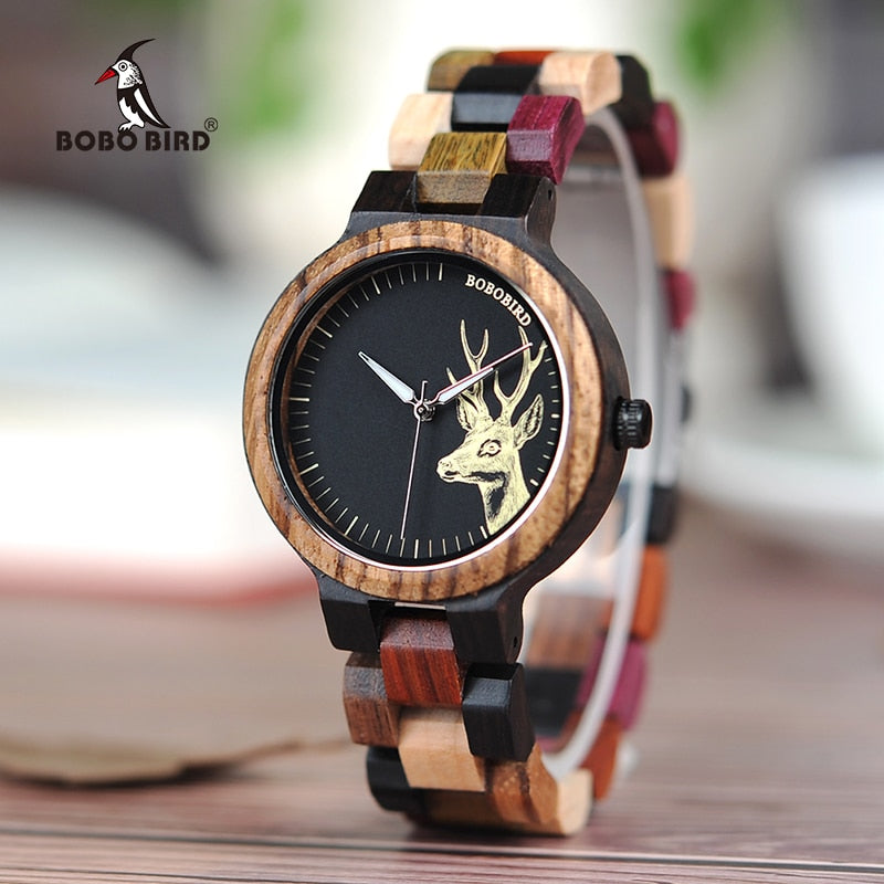 BOBO BIRD V-P14 Lover's Wood Watches Colorful Wood Band Dear Head Watch Dial Men Women Quartz Watches Timepiece with Gift Box