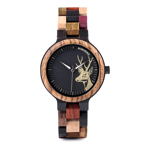 BOBO BIRD V-P14 Lover's Wood Watches Colorful Wood Band Dear Head Watch Dial Men Women Quartz Watches Timepiece with Gift Box