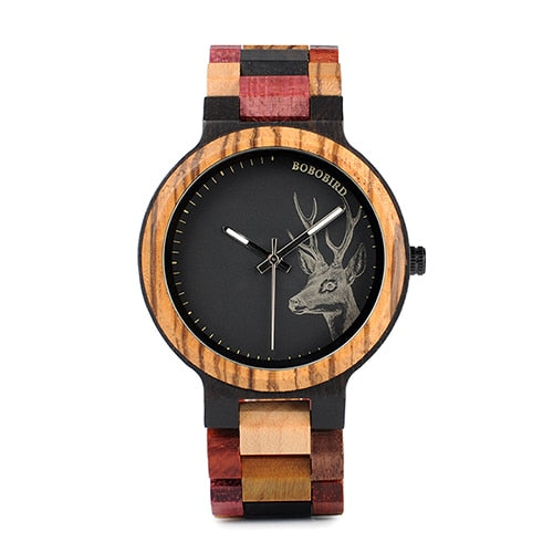 BOBO BIRD V-P14 Lover's Wood Watches Colorful Wood Band Dear Head Watch Dial Men Women Quartz Watches Timepiece with Gift Box