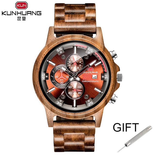 Wooden Watch Date Display Casual Men Luxury Wood Chronograph Sport Outdoor Military Quartz Watches in Wood relogio masculino