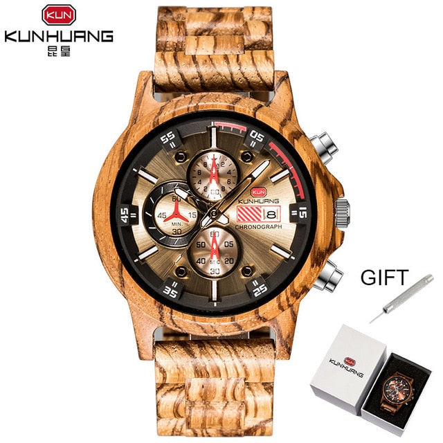 Wooden Watch Date Display Casual Men Luxury Wood Chronograph Sport Outdoor Military Quartz Watches in Wood relogio masculino