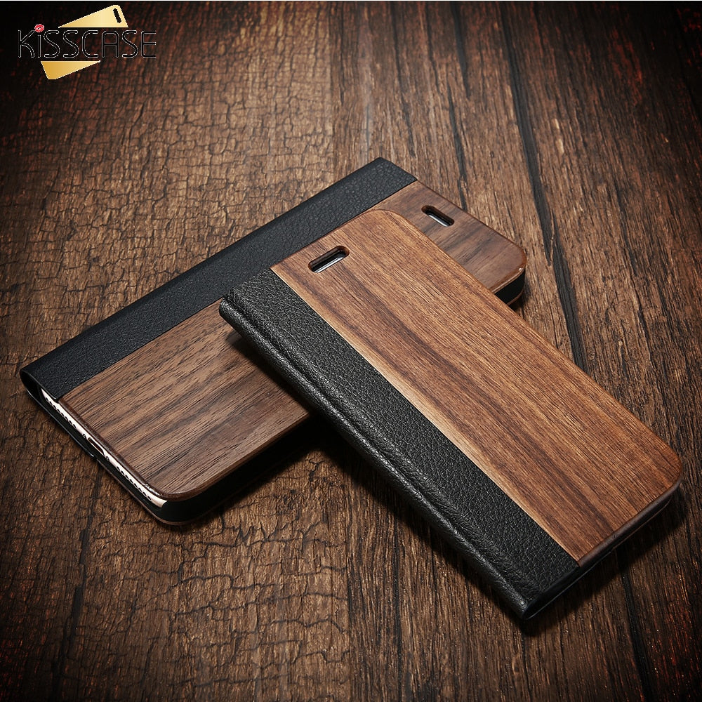 KISSCASE Wood PU Wallet Case For iPhone 8 7 6S Plus Cases Genuine Bamboo Flip Leather Stand Coque For iPhone 6 6s XS Max X Case