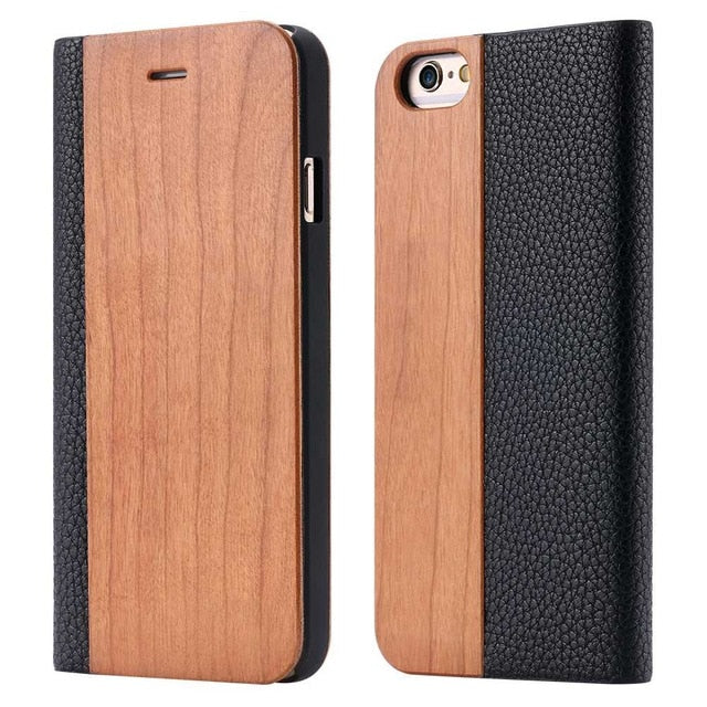 KISSCASE Wood PU Wallet Case For iPhone 8 7 6S Plus Cases Genuine Bamboo Flip Leather Stand Coque For iPhone 6 6s XS Max X Case