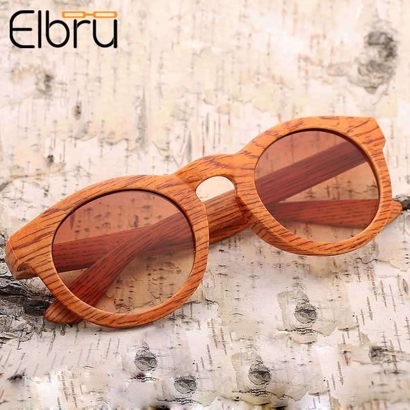 Elbru Mens Women Wood Grain Sunglasses Vintage Eyewear Rivets Coating Glasses Brown Frames Male Female Round Sun Glasses