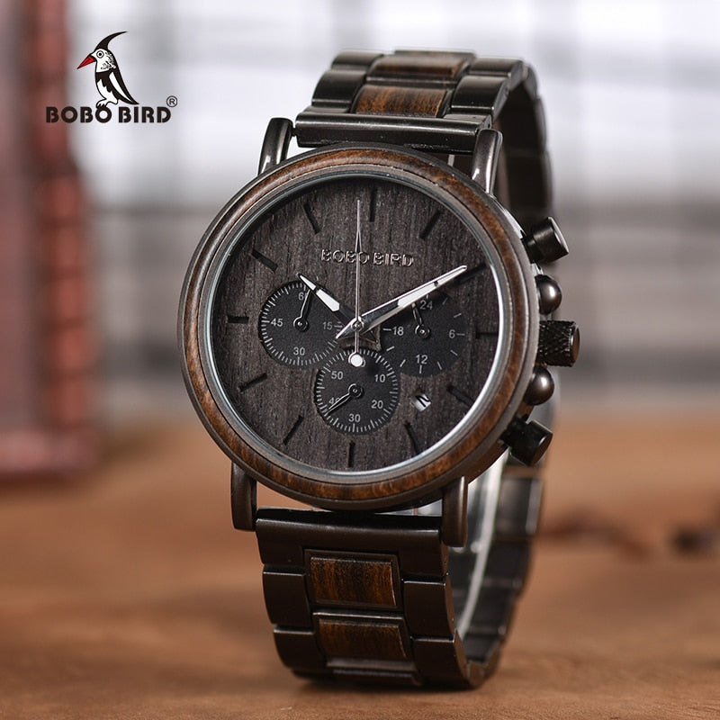 BOBO BIRD Chronograph Men Watch Wooden Luxury Stainless Steel Quartz Wristwatches with Calendar relojes de marca famosa