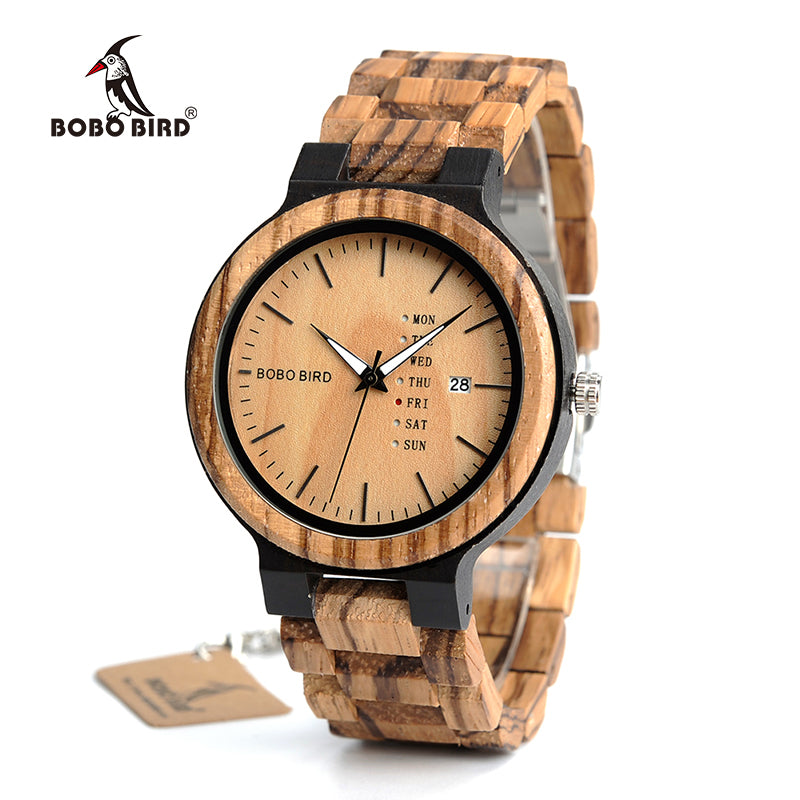 BOBO BIRD Antique Mens Wood Watches with Date and Week Display Luxury Brand Watch in Wooden Gift Box relogio masculino