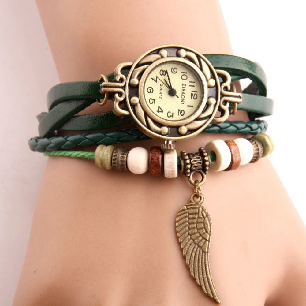 Vintage Women Watches Imitation Leather Wooden Beads Wing Sculpture Watch Casual Wrist Watch relogio feminino Watch Women