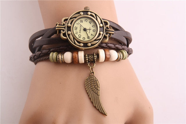 Vintage Women Watches Imitation Leather Wooden Beads Wing Sculpture Watch Casual Wrist Watch relogio feminino Watch Women