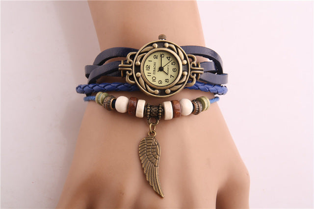 Vintage Women Watches Imitation Leather Wooden Beads Wing Sculpture Watch Casual Wrist Watch relogio feminino Watch Women