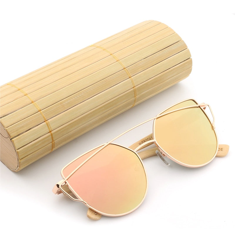 Fashion Women Bamboo Wood Polarized Sunglasses Lady Cat eye Pink Sun Glasses Oversize Style UV400 High Quality Handmade